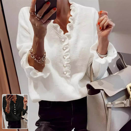 Winter V-neck Ruffled Knitted Sweater Fashion Pullover Long-sleeved Tops For Women - Velora