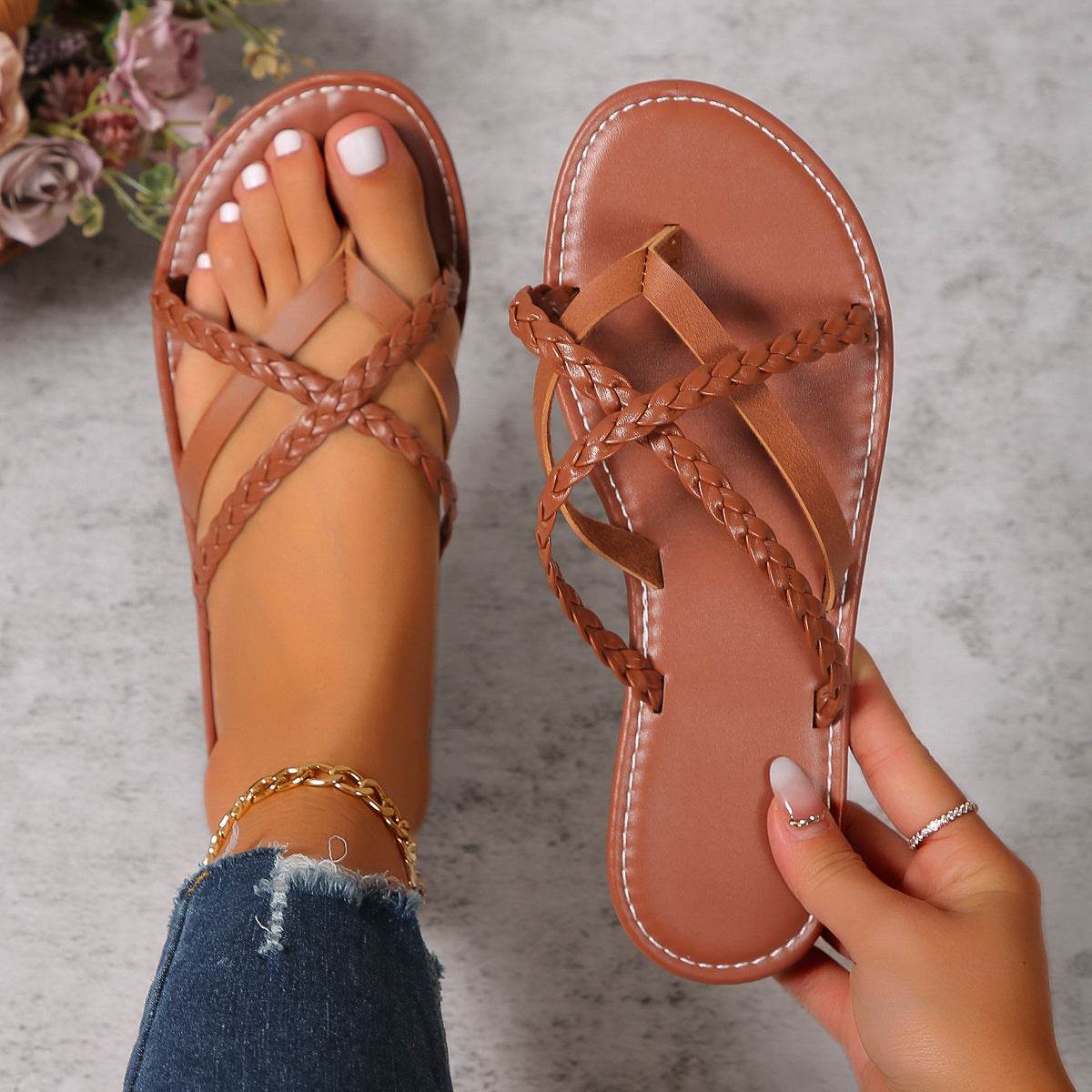 Cross-woven Design Thong Sandals Summer Flat Shoes Women Flip Flops Slides Casual Vacation Beach Slippers - Velora