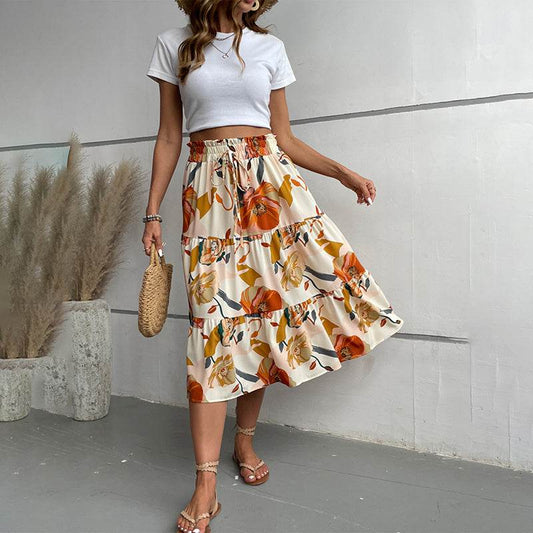 Women's Floral Tiered Midi Skirt Elastic Waist Dressy Casual A-line Flowy Boho Skirts - Velora