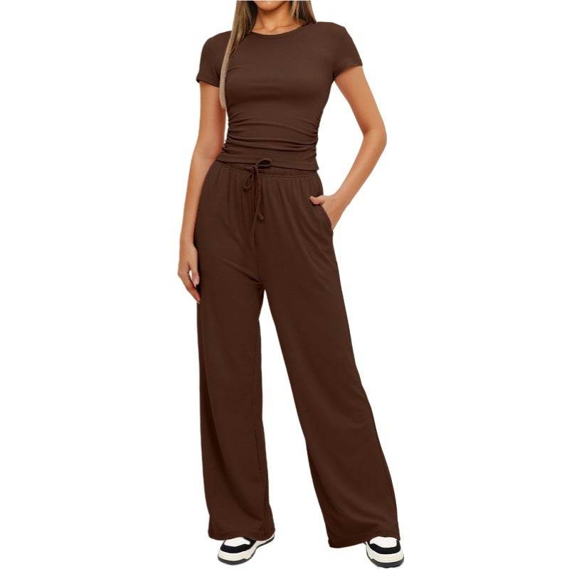 Fashion Casual Set Pleated Short Sleeves Top And Trousers - Velora