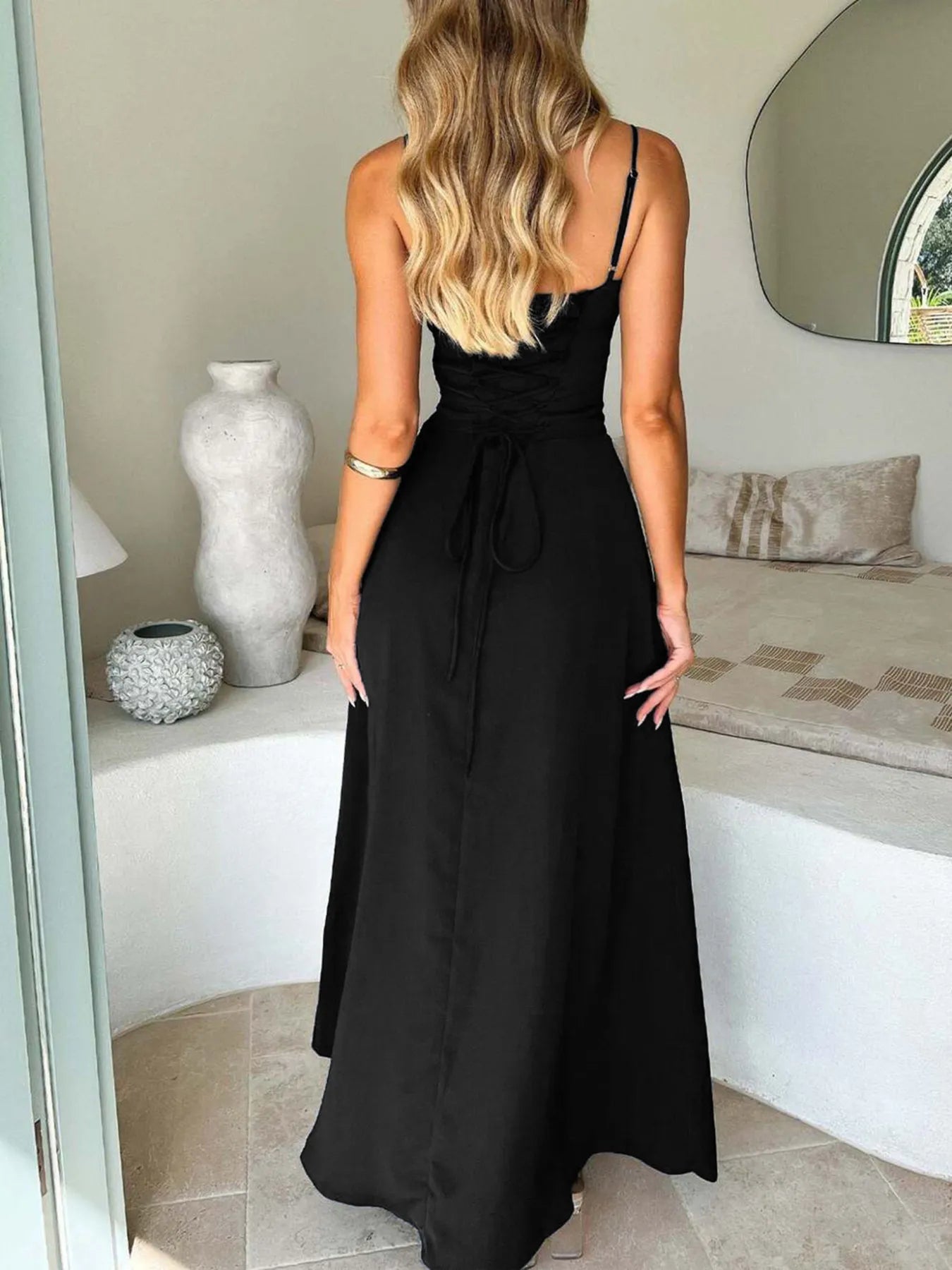 Lace-Up Solid Cami Dress - Velora