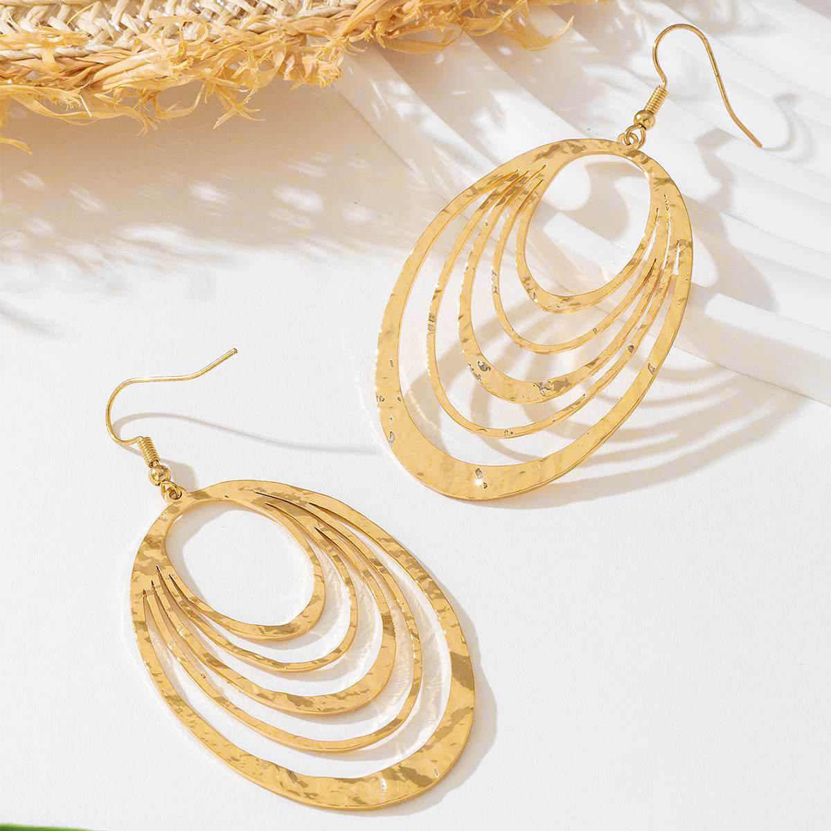 European And American Fashion Elegant 3 Layer Hollow Oval Shaped Big Gold-color Stainless Steel Dangle Drop Earrings - Velora