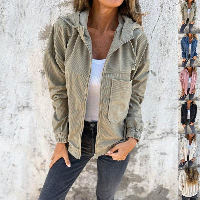 Corduroy Hooded Zip-up Jacket With Pockets Fashion Casual Drawstring Tops Outerwear Women's Clothing - Velora