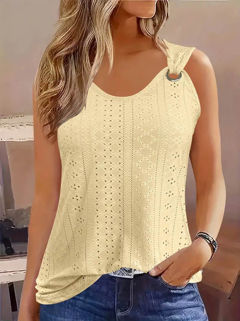 Eyelet Solid Tank Top, Casual Sleeveless Tank Top For Summer, Women's Clothing - Velora