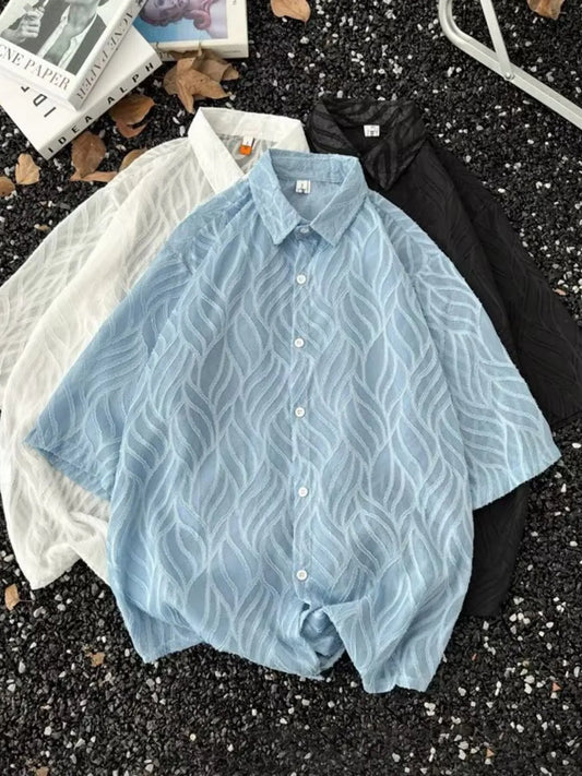 Men's Full Size Wave Pattern Short Sleeve Button-Up Shirt Plus Size - Velora