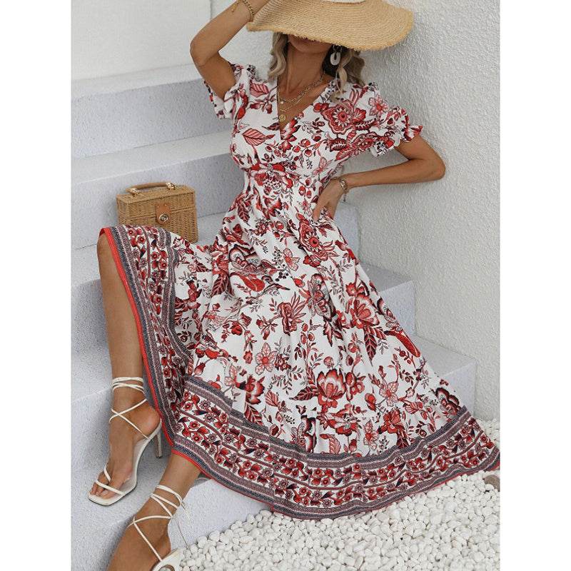 Puff Sleeve dress V Neck Blue Floral Bohemian Midi Dress - Velora