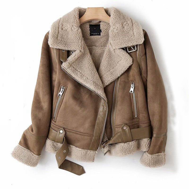 WInter Lapel Jacket Suede Lamb Wool Warm Coat Motorcycle Clothing Women Outwears - Velora