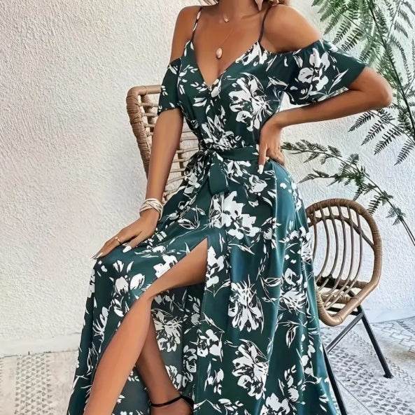 Flower Print Split Suspender Dress With Lace-up Design Summer Fashion Long Dresses Beach Clothing For Women - Velora
