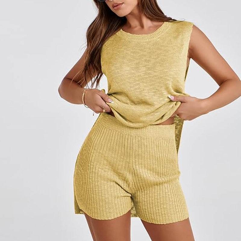 2pcs Women's Knitting Suit Summer Loose Round Neck Split Vest Top And Shorts Beach Clothing - Velora