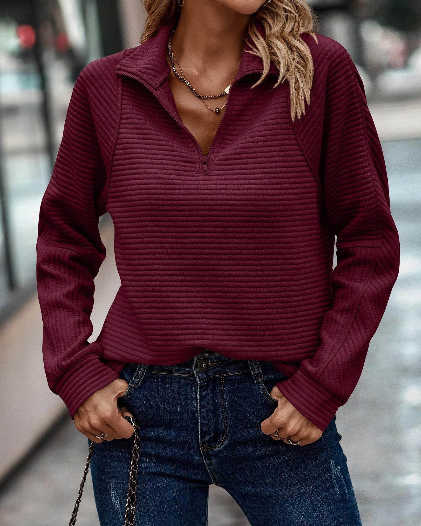 Autumn Comfortable Loose Snake Bone Pattern Solid Color Stand Collar Women's Sweater - Velora