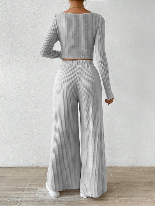 Ribbed Knit Crop Top and Wide Leg Pants Set - Velora