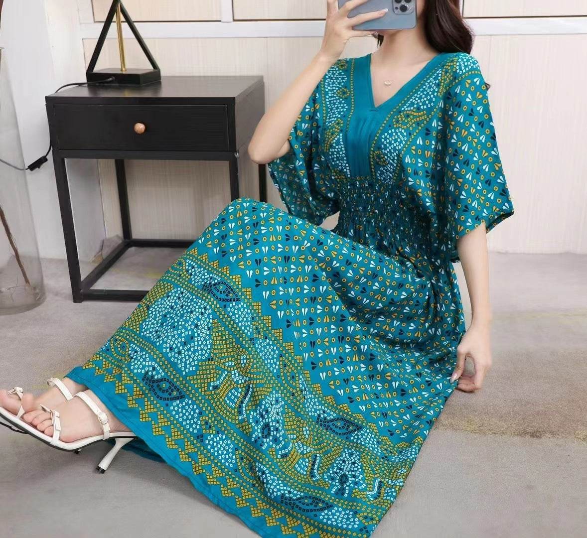 Cotton Silk Floral Dress Women's Summer Ethnic Style V-neck Short Sleeve Pastoral Style Skirt - Velora
