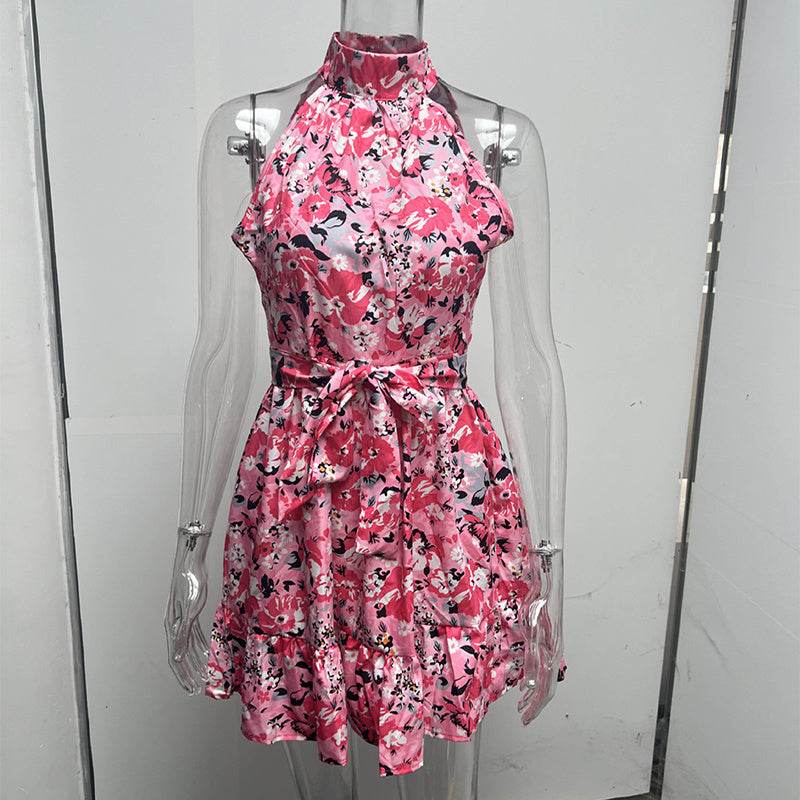 New Flowers Print Halterneck Dress Summer Fashion Temperament Lace-up Ruffled Dresses For Women - Velora