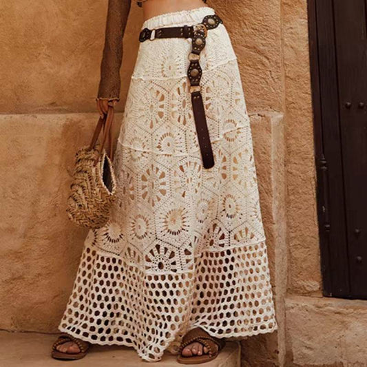 Spring Summer Crochet Lace Patchwork A- Line Beach Skirt Holiday Style Hollow-out flared flowy Maxi Skirt - Velora