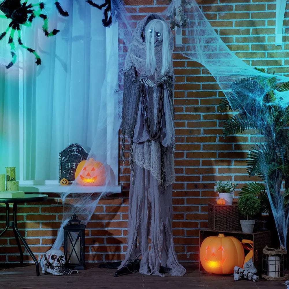 74inch Life Size Outdoor Halloween Decorations Skeleton Witch, Sound And Motion Activated Animated Prop Animatronic Decor With Light Up Eyes, Spooky Sound EX-STOCK Canada