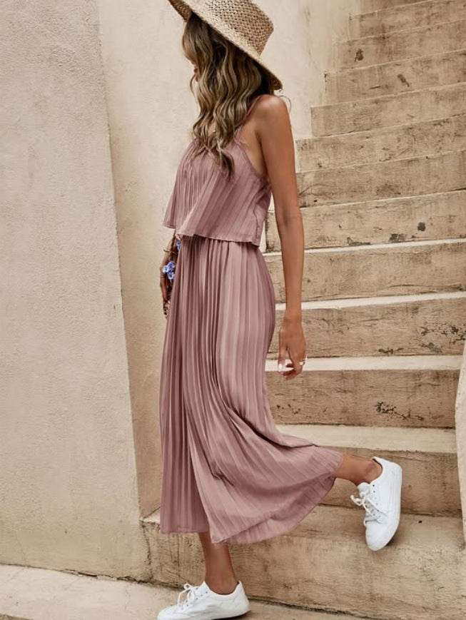 Women's Summer Solid Color Vacation Loose Suit Strap Backless Thin Romper Streetwear INS One-Piece Outfit Beach Style Striped Wide Leg Trousers Casual Suit - Velora