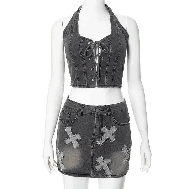 Chic Denim 2 piece Denim Skirt set Jean 2 piece set for Women Sleeveless crop top and Skirt - Velora
