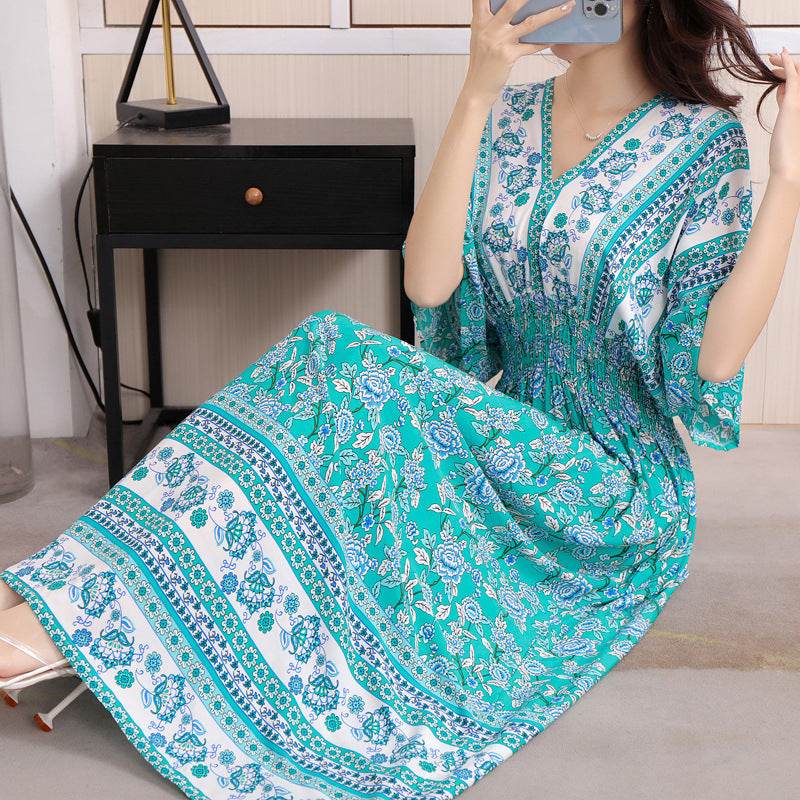 Cotton Silk Floral Dress Women's Summer Ethnic Style V-neck Short Sleeve Pastoral Style Skirt - Velora