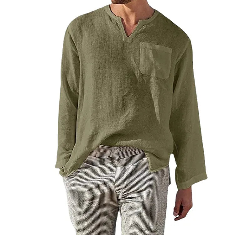 Men's Full Size Casual Notched Linen Long Sleeve Top Plus Size - Velora