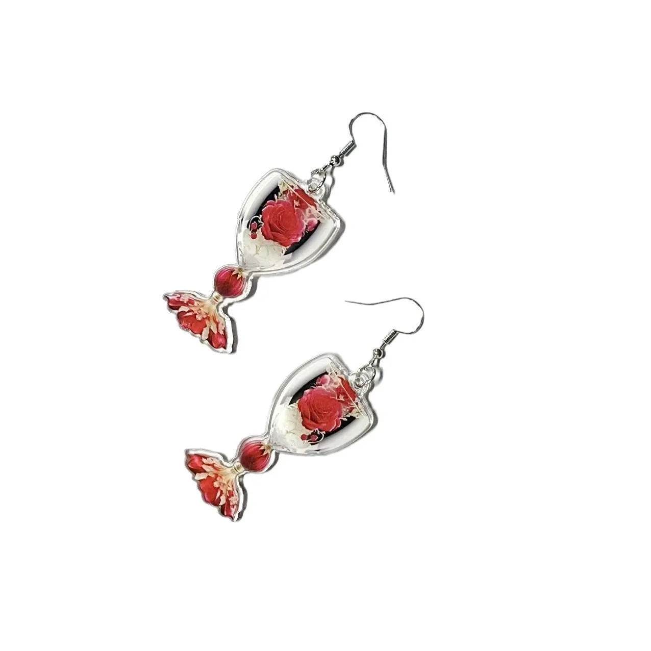 Valentine's Day Rose Wine Glass Acrylic Earrings - Velora