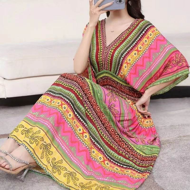 Cotton Silk Floral Dress Women's Summer Ethnic Style V-neck Short Sleeve Pastoral Style Skirt - Velora