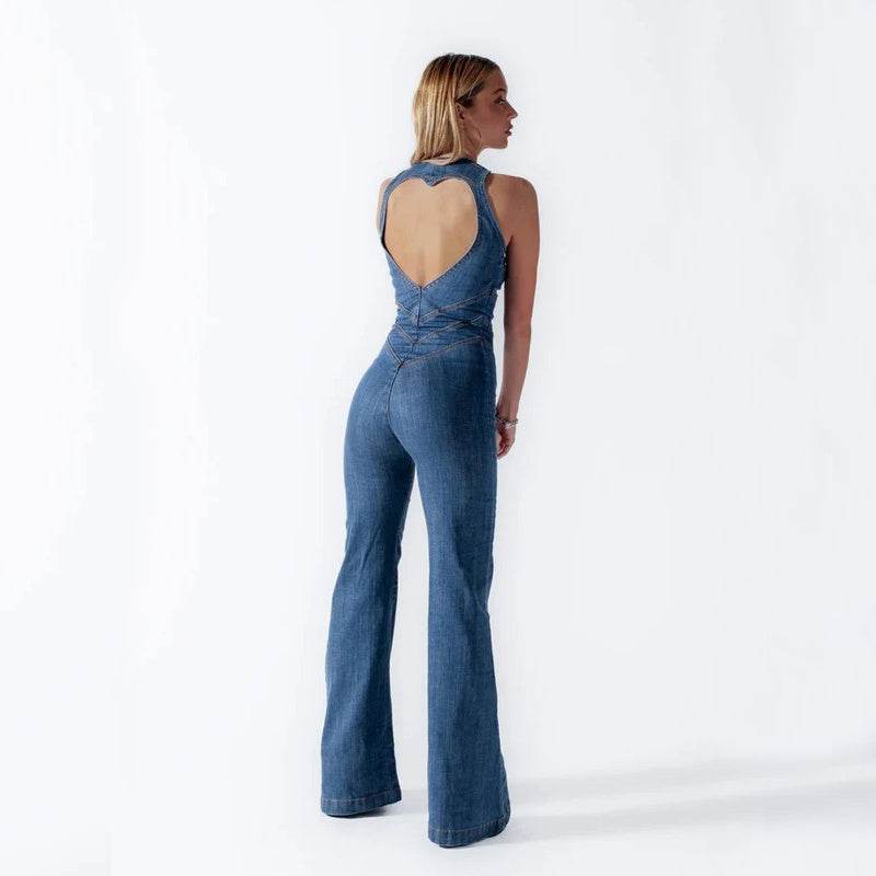 Summer Slim Heart-shape Backless Denim Jumpsuit Women Halter Neck Zip Up High Waist Panst Retro Style Clothing - Velora