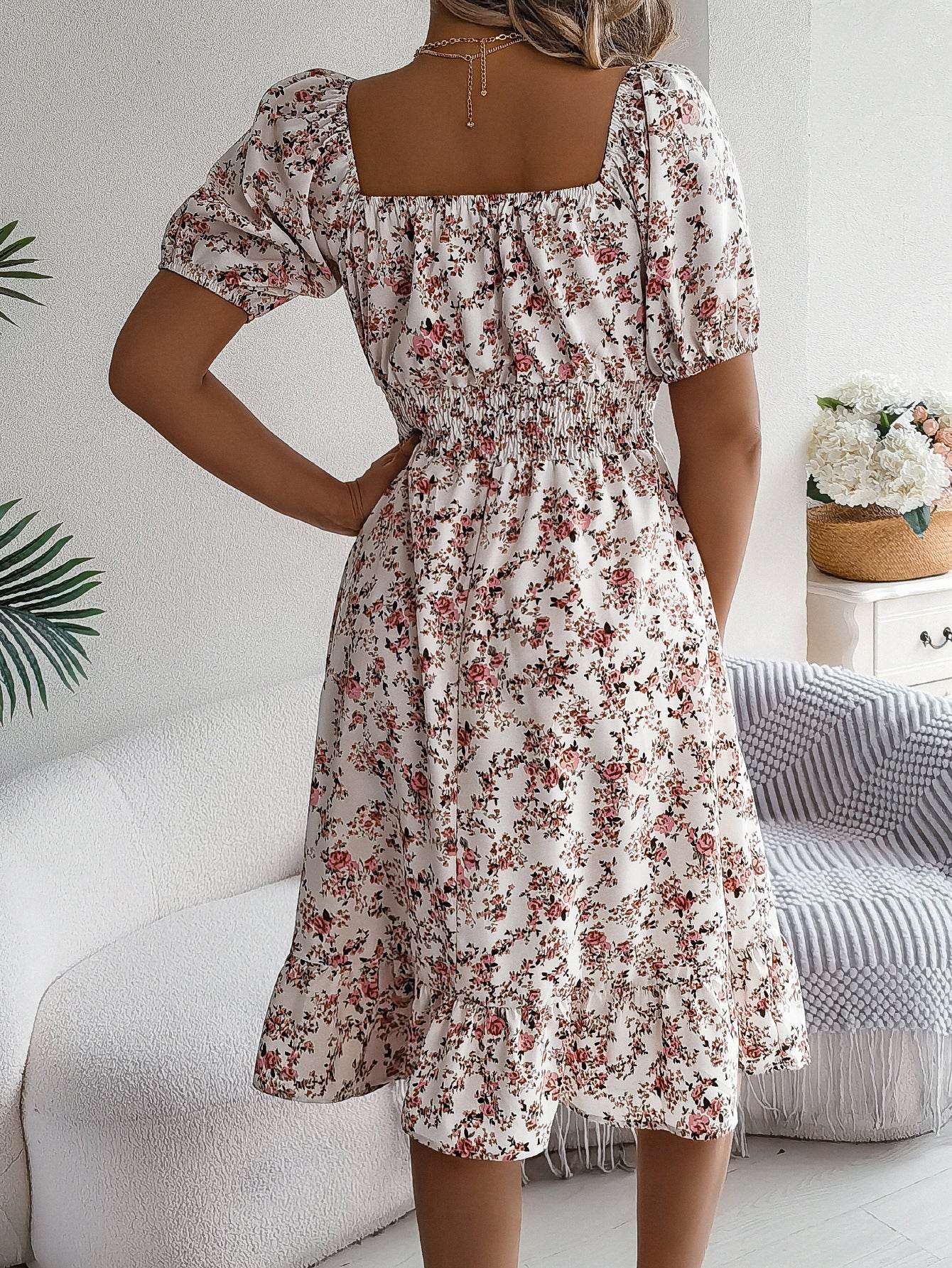 Floral Print Square Collar Dress Summer Fashion Ruffles Dresses Women's Clothing - Velora