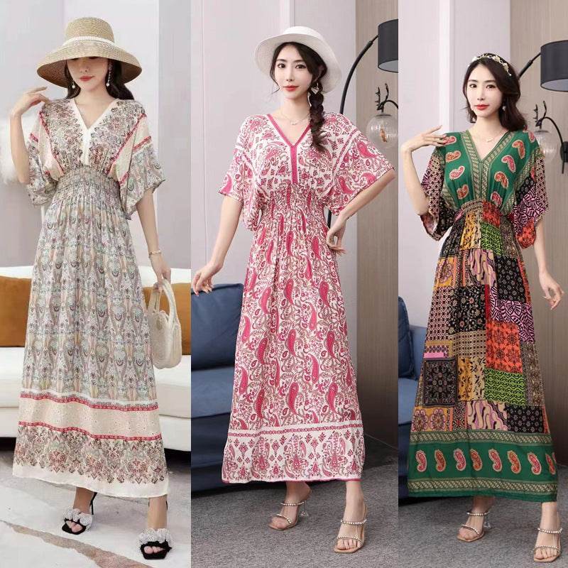 Cotton Silk Floral Dress Women's Summer Ethnic Style V-neck Short Sleeve Pastoral Style Skirt - Velora