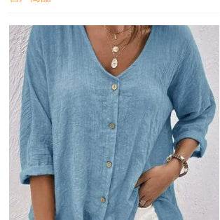 V-neck Long-sleeved T-shirt Fashion Solid Color Button Top Casual Loose Clothing For Women - Velora