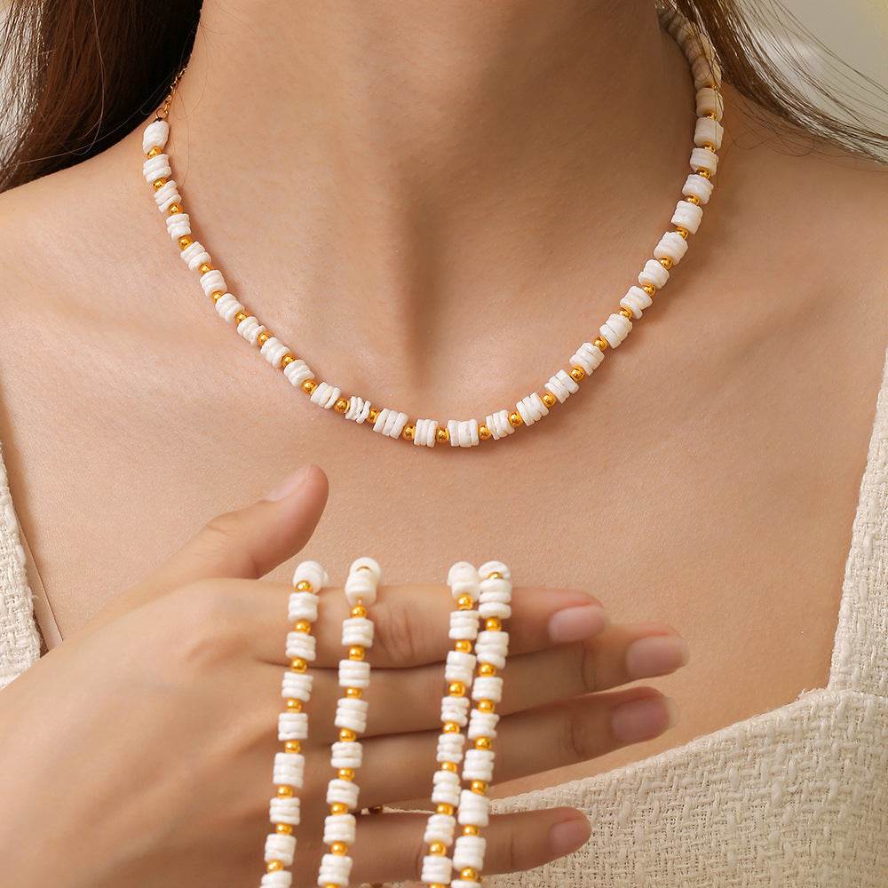 Light Luxury Shell Beaded Titanium Steel Plated Bracelet And Necklace Set - Velora