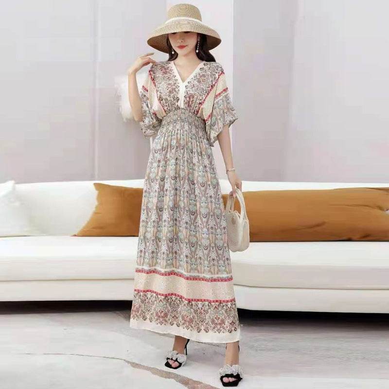 Cotton Silk Floral Dress Women's Summer Ethnic Style V-neck Short Sleeve Pastoral Style Skirt - Velora