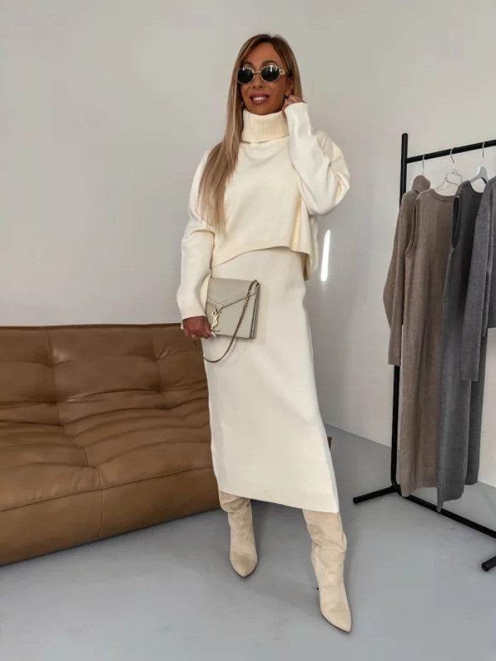 2pcs Sweater Suit Winter Fashion Turtleneck Pullover And Sleeveless Long Dress Womens Clothing - Velora