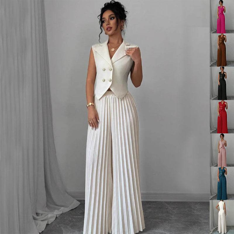 Summer Sleeveless Suit Fashion Lapel Button Vest Top And Pleated Straight Pants Women's Trousers Set Clothing - Velora