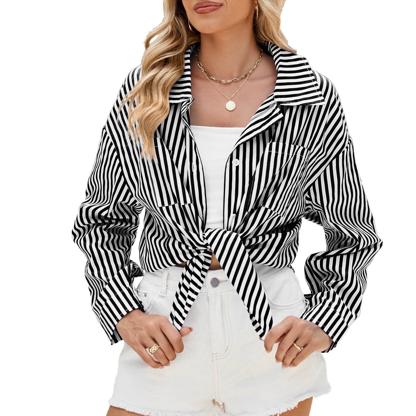 Fashion Striped Long Sleeve Shirt With Pockets Casual Loose Single-breasted Button Top Women Clothing - Velora