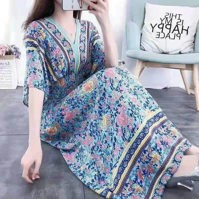Cotton Silk Floral Dress Women's Summer Ethnic Style V-neck Short Sleeve Pastoral Style Skirt - Velora