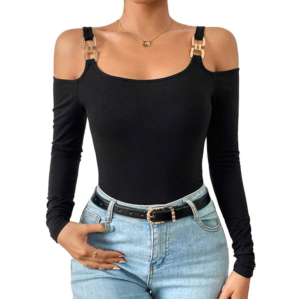 Women's Spring And Summer Fashion Simple Suspender Off-Shoulder Metal Hook Long-Sleeved Sexy Top - Velora