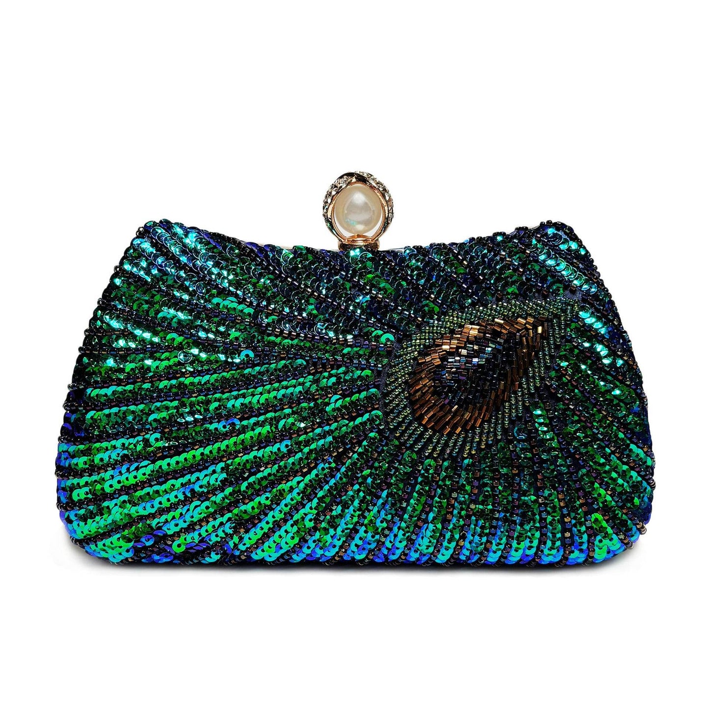 Beaded Peacock Feather Large Pearl Rhinestone Large Capacity Crossbody Shoulder Bag - Velora