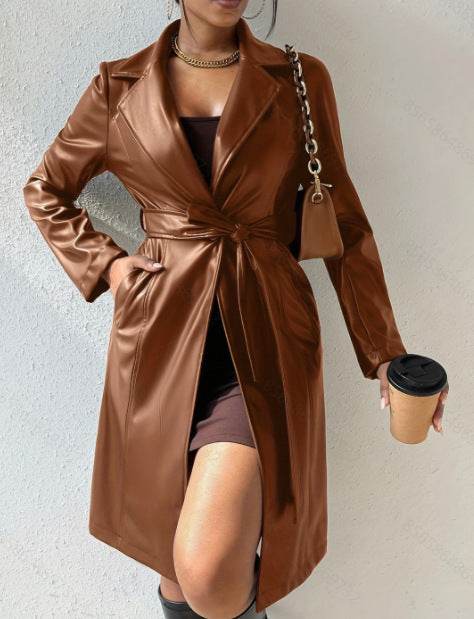 Long Sleeve Lapel PU Leather Jacket With Pockets Slim Fit Long Trench Coat Women's Clothing - Velora