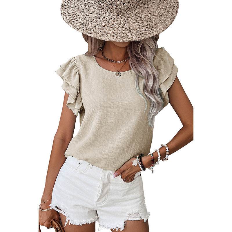 Summer Solid Color Petal Sleeve Pullover Women - Velora