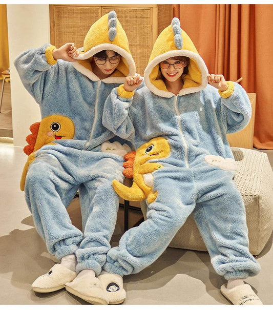 Cute Cartoon Jumpsuit Homewear Couple One-piece Nightgown Coral Fleece Winter Thickened Plush Pajamas For Women Home Clothes - Velora