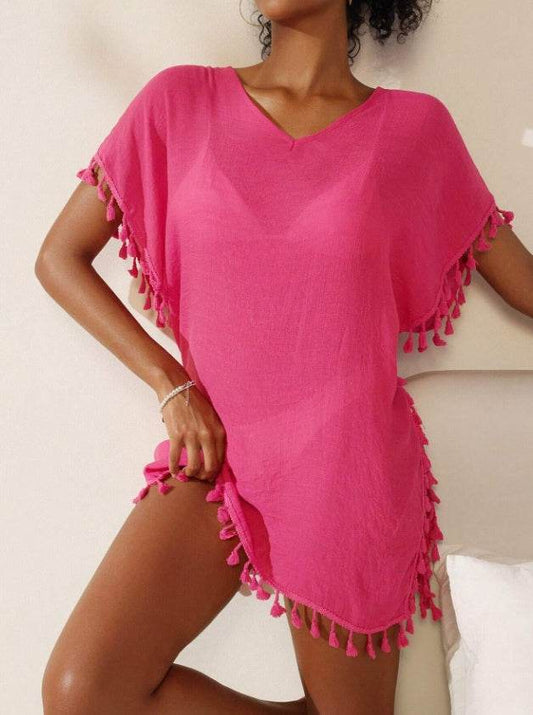 Summer Women's Solid Color Tassel Short Sleeve Top - Velora