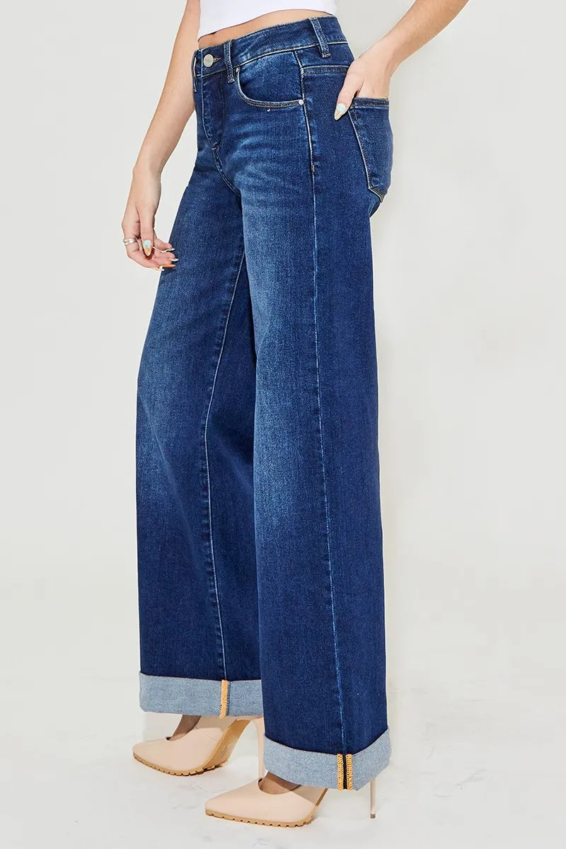 RISEN Full Size Tummy Control High Rise Wide Leg Cuffed Jeans Plus Size - Velora