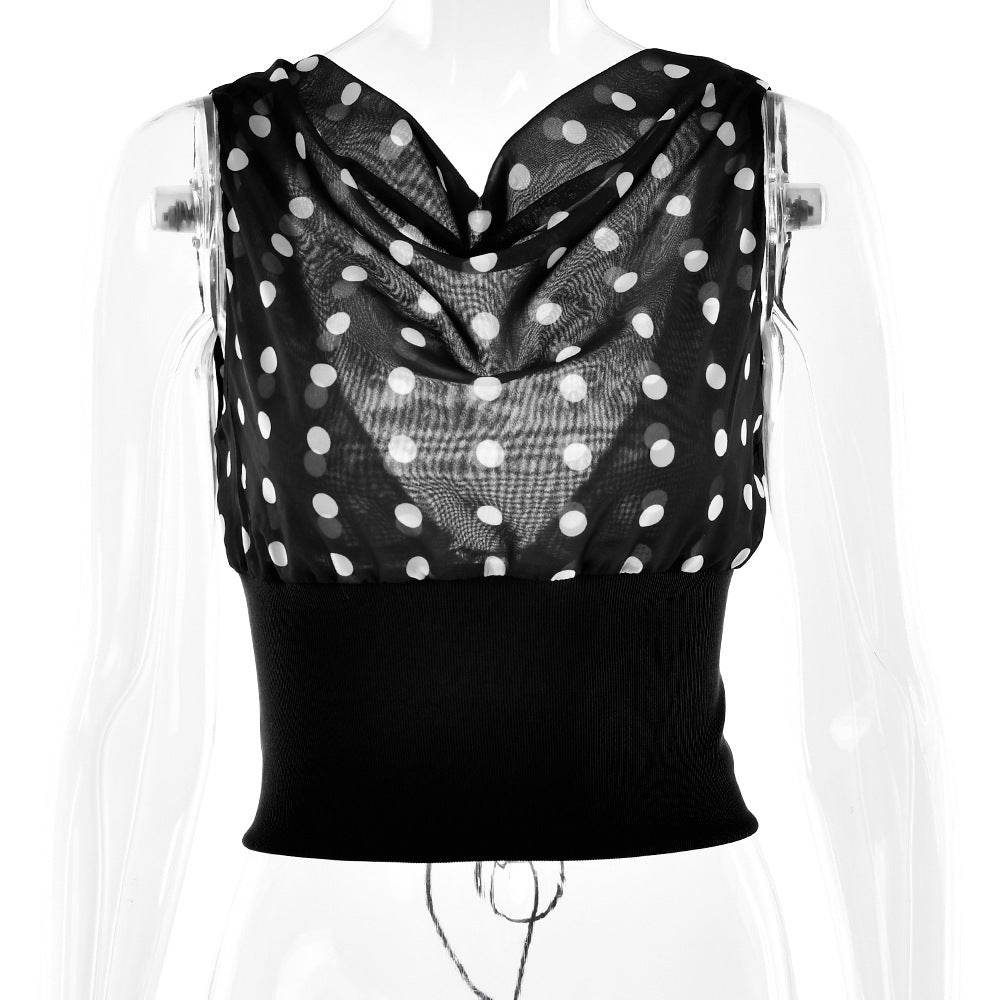 Polka Dots Print Oblique Shoulder Tops Summer Patchwork Chiffon Crop Top Women Sexy Sleeveless Lace Up Backless Blouse Casual Streetwear Tee - Velora
