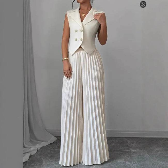 Summer Sleeveless Suit Fashion Lapel Button Vest Top And Pleated Straight Pants Women's Trousers Set Clothing - Velora