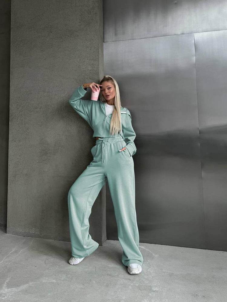 Long Sleeve Zipper Hooded Sweater Solid Color Laced Pants Two-piece Set - Velora