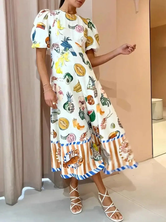 Printed Round Neck Puff Sleeve Dress - Velora