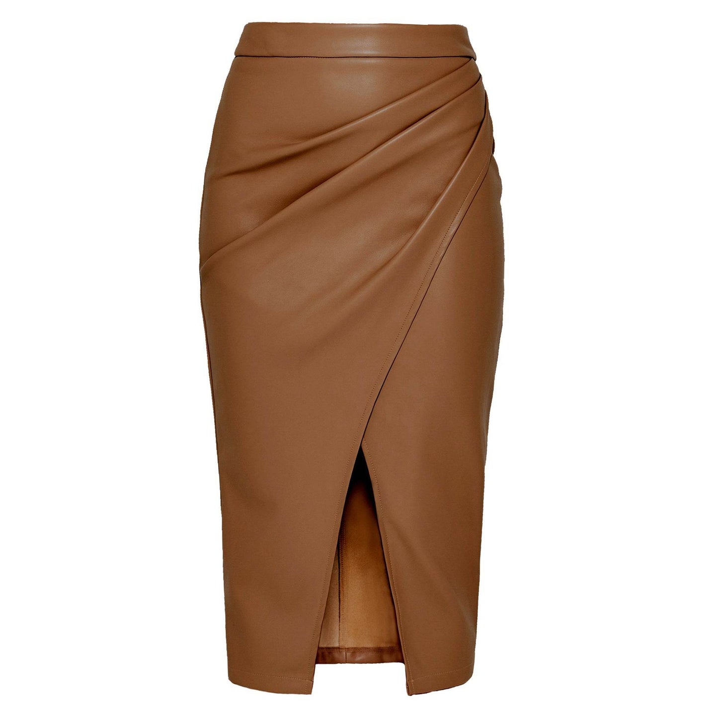 Women Formal Work Office Business High Waist Front Slit Midi Leather Skirt - Velora