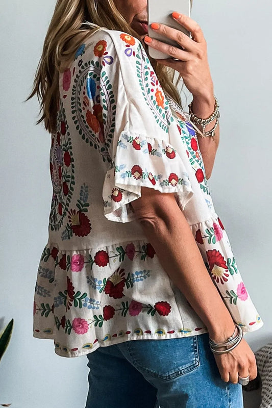 Floral Print Round Neck Ruffle Trim Blouse - Velora