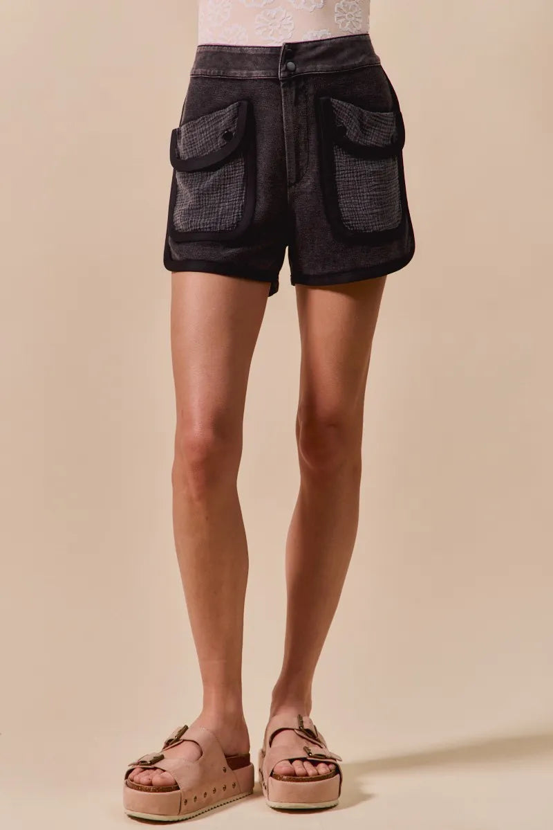 SO ME Mineral Washed Terry High Rise Cargo Shorts - Velora