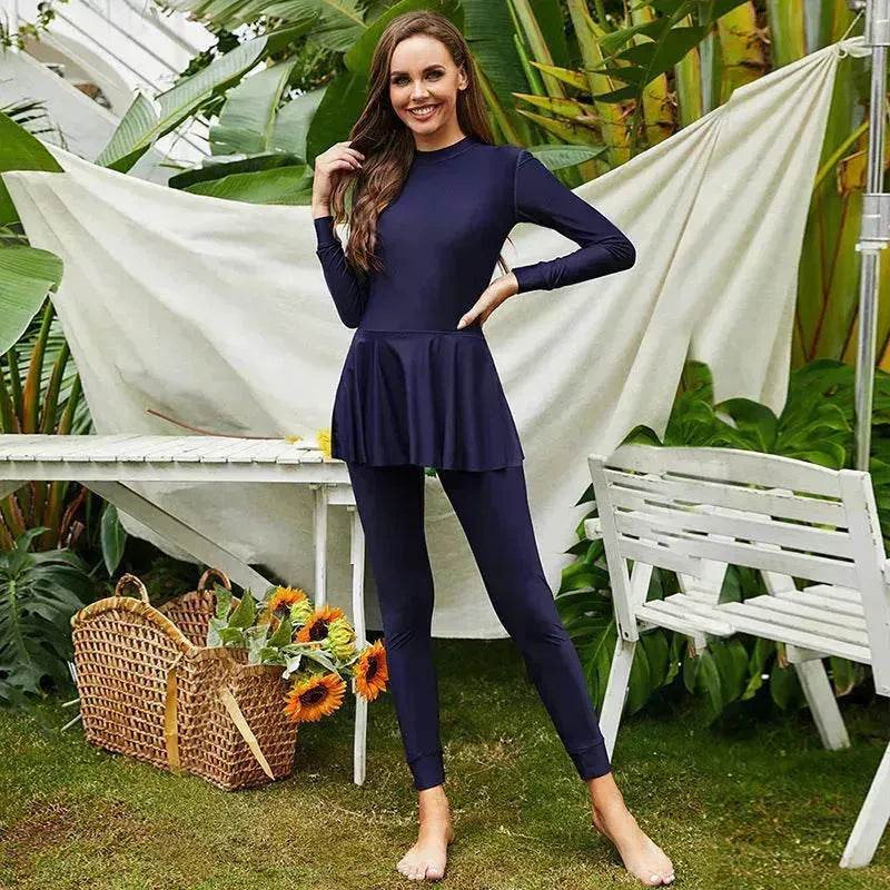 Pure Color Long-sleeved Trousers Fully Surrounded By Conservative Beach Surfing Sunscreen ArabOne-piece Swimsuit - Velora